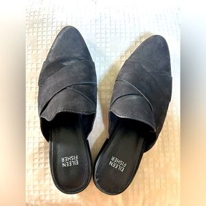 Eileen Fisher black suede crossed mules